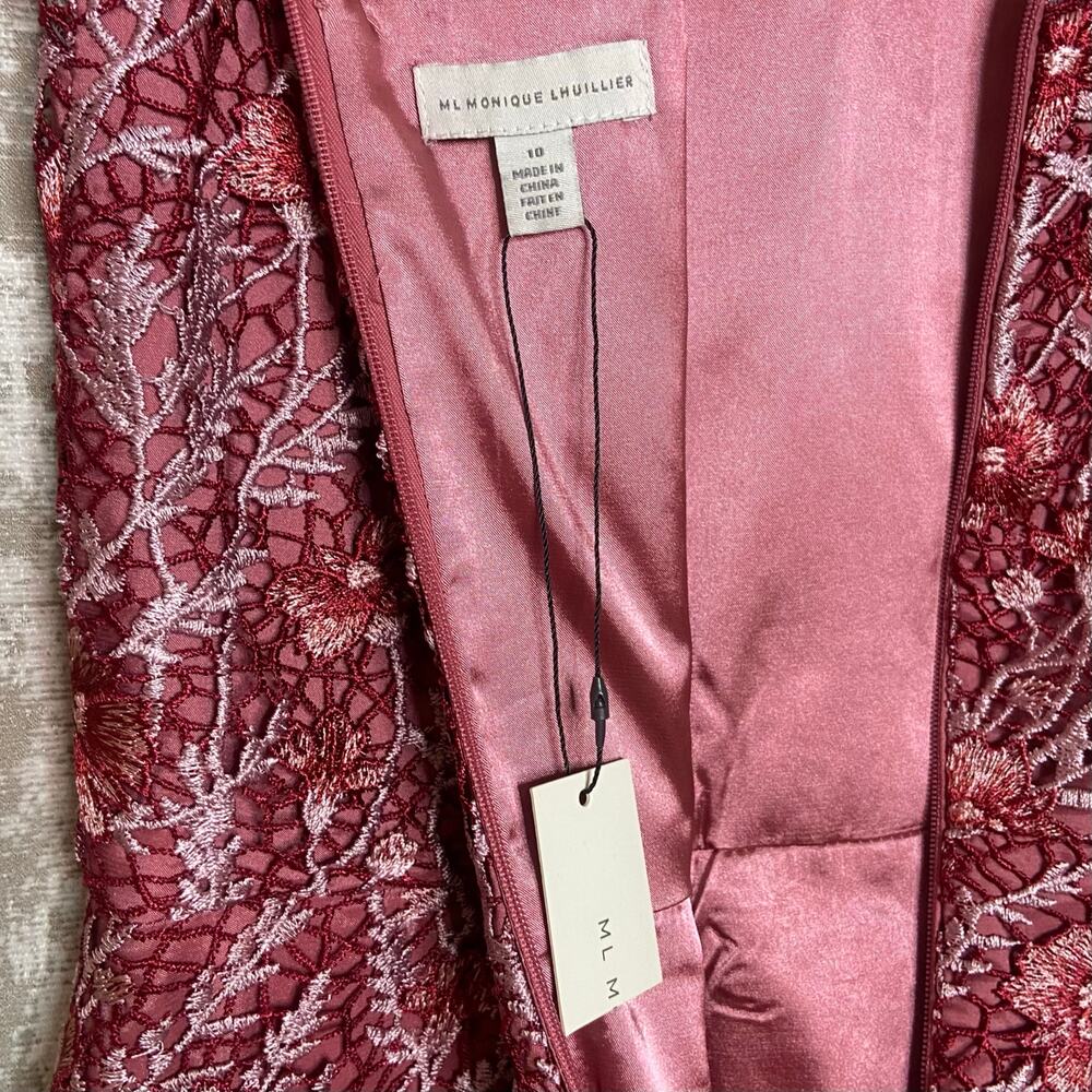 ML Monique Lhuillier Floral Lace Mini Dress with Sheer Ruffle Maroon/Oyster Pink - Picture 3 of 5